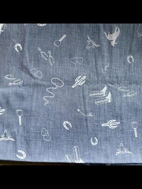 Vintage Blue Chambray Cowboy Western Images Print Cotton Fabric 2 yds + 27"L